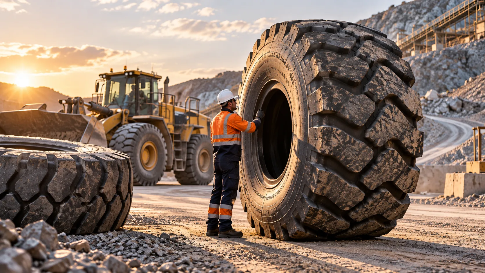 Monteur controleert een grote industrieband bij een wiellader op een steengroeve