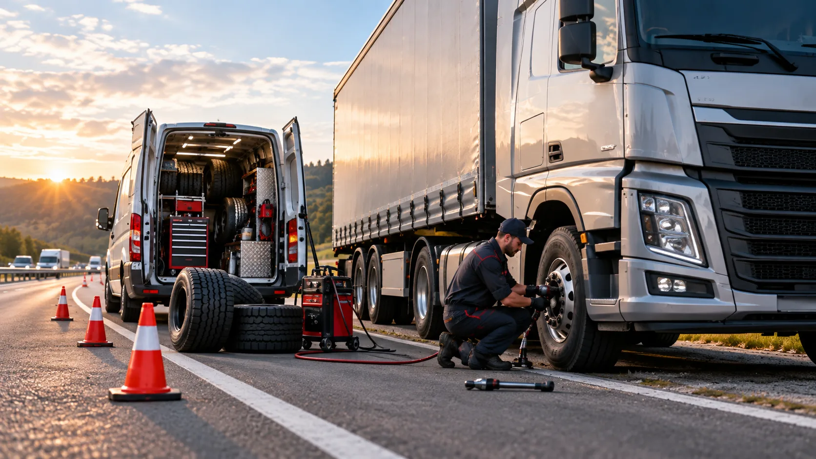 Mobiele bandenservice met servicewagen en monteur bij een vrachtwagen langs de weg
