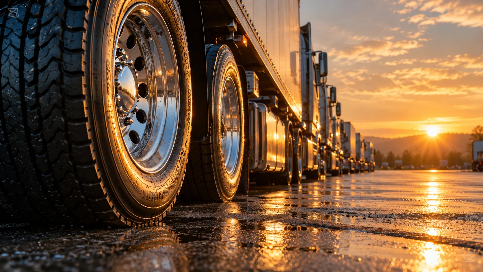 Close-up van truckbanden en velgen naast een rij vrachtwagens bij zonsondergang
